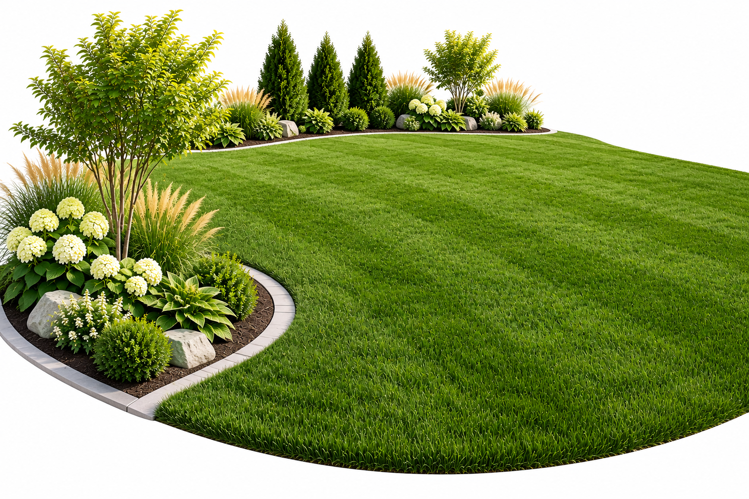 Jardin bien aménagé avec pelouse verte, arbres, arbustes et fleurs, bordé de pierres.