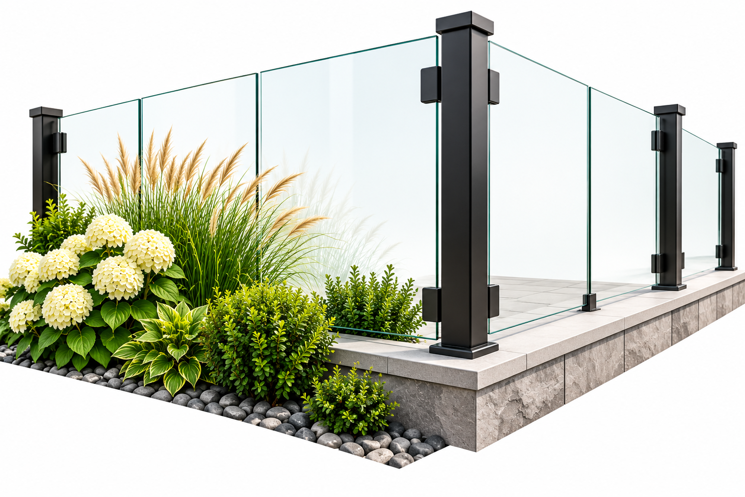 Balustrade en verre noir sur une terrasse en pierre avec des plantes vertes et des fleurs blanches.