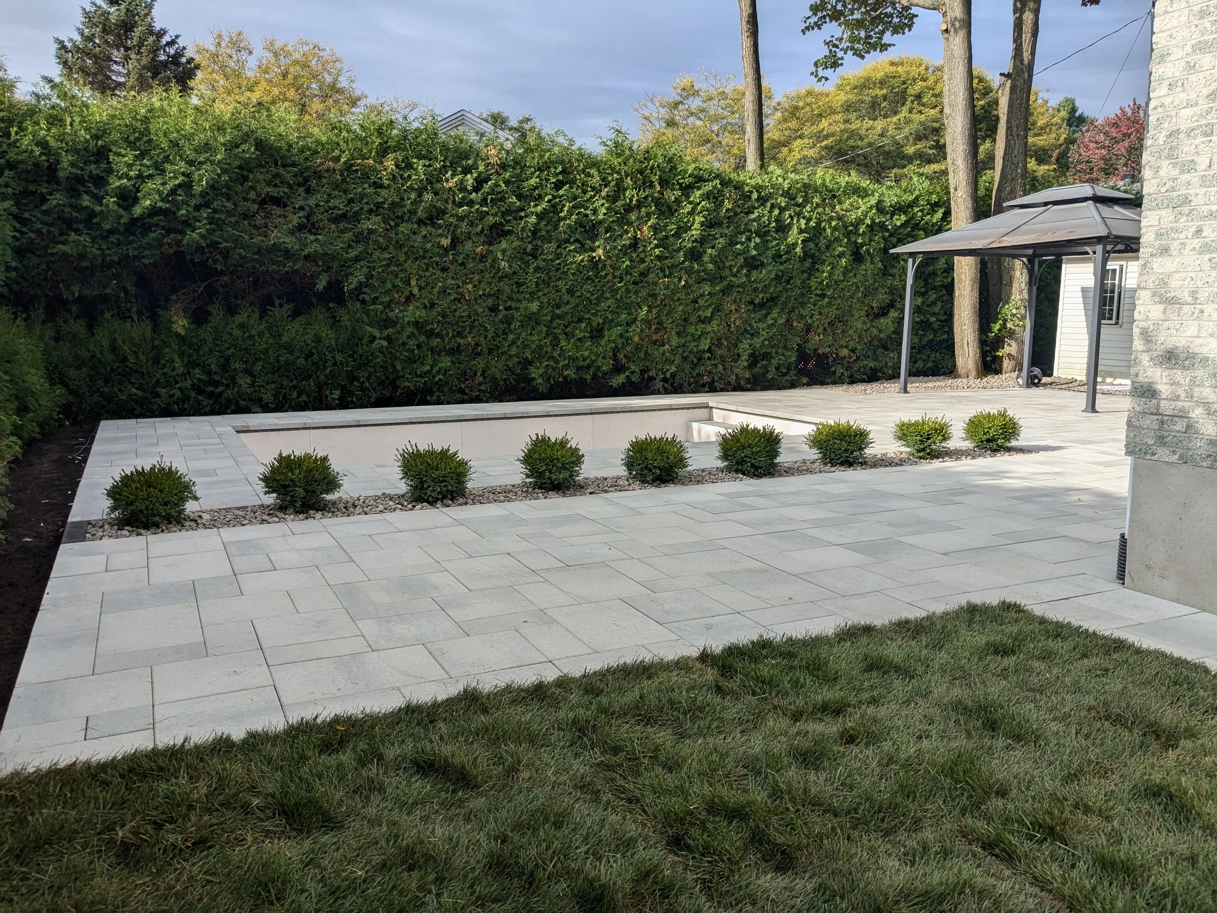 Une terrasse pavée entourée de petits arbustes et d'une pelouse, avec une haie de buissons verts en arrière-plan et une pergola en métal sur le côté droit.