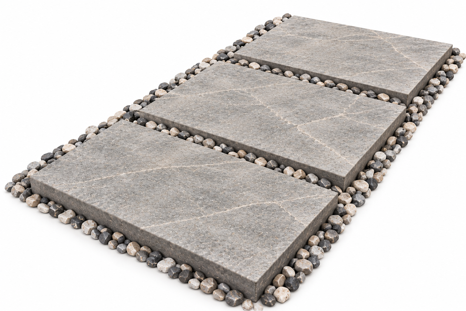 Dalles de pierre grise avec une surface texturée, entourées de petits galets gris, noirs et blancs, disposés en bordure.