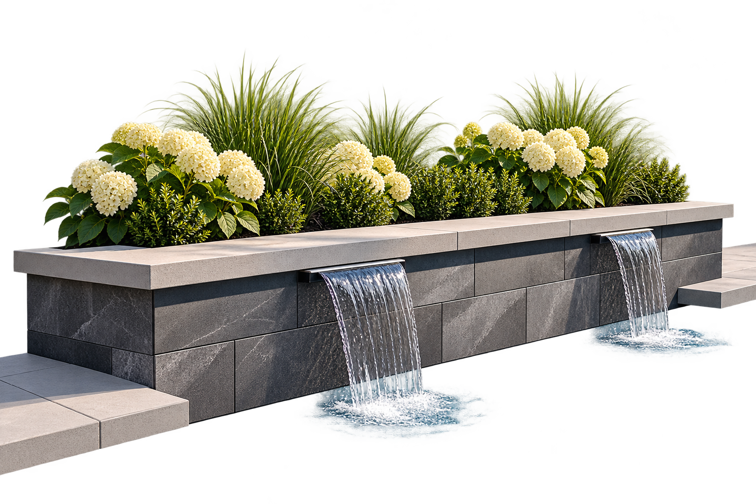 Un aménagement paysager avec une jardinière en pierre contenant des hortensias blancs et des herbes vertes, avec deux petites cascades d’eau encastrées.