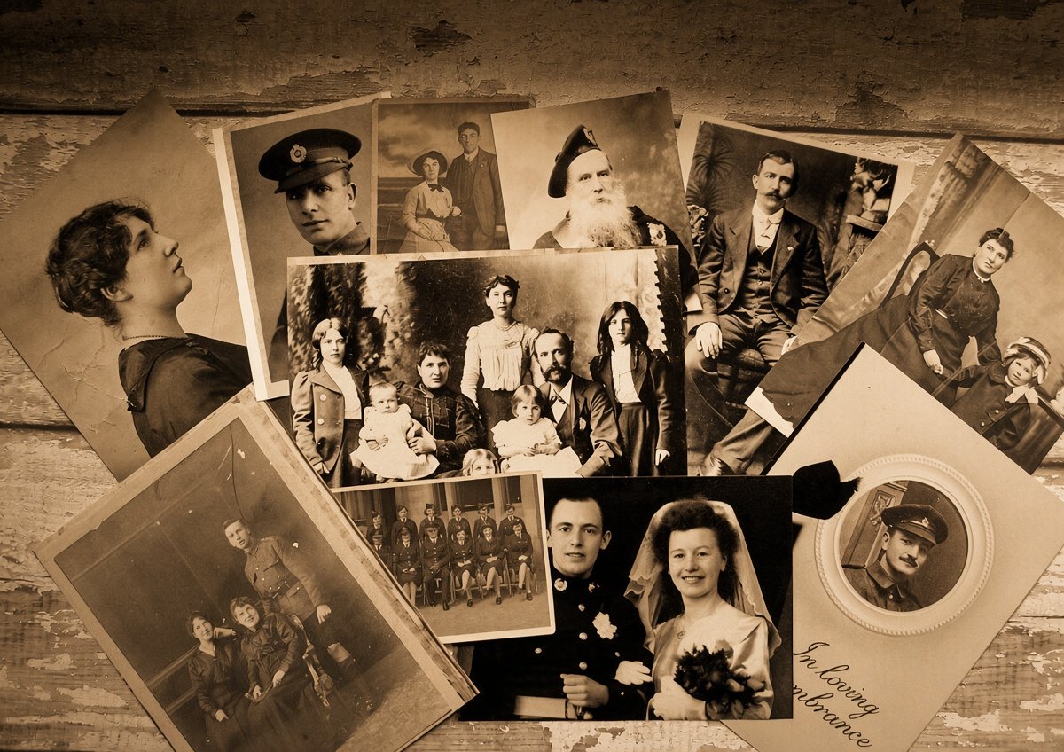 Collection of vintage black-and-white photographs of people, including families, individuals in military or formal attire, and couples, arranged on a distressed wooden surface.