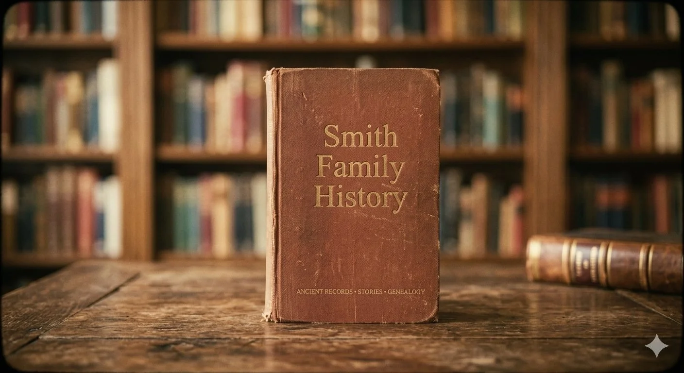 An old hardcover book titled 'Smith Family History' placed on a wooden table in a library with blurred bookshelves in the background.