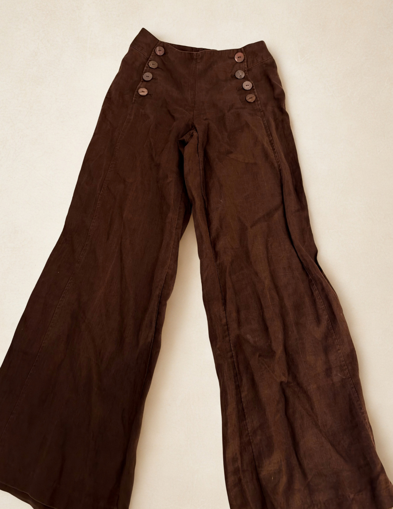 Vintage Brown Linen, Sailor Button Front Pant