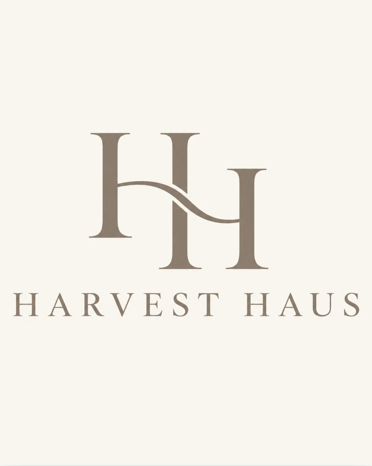 Logo for Harvest Haus featuring a large stylized letter H with a wave-like design connecting the vertical lines, and the words 'HARVEST HAUS' underneath.
