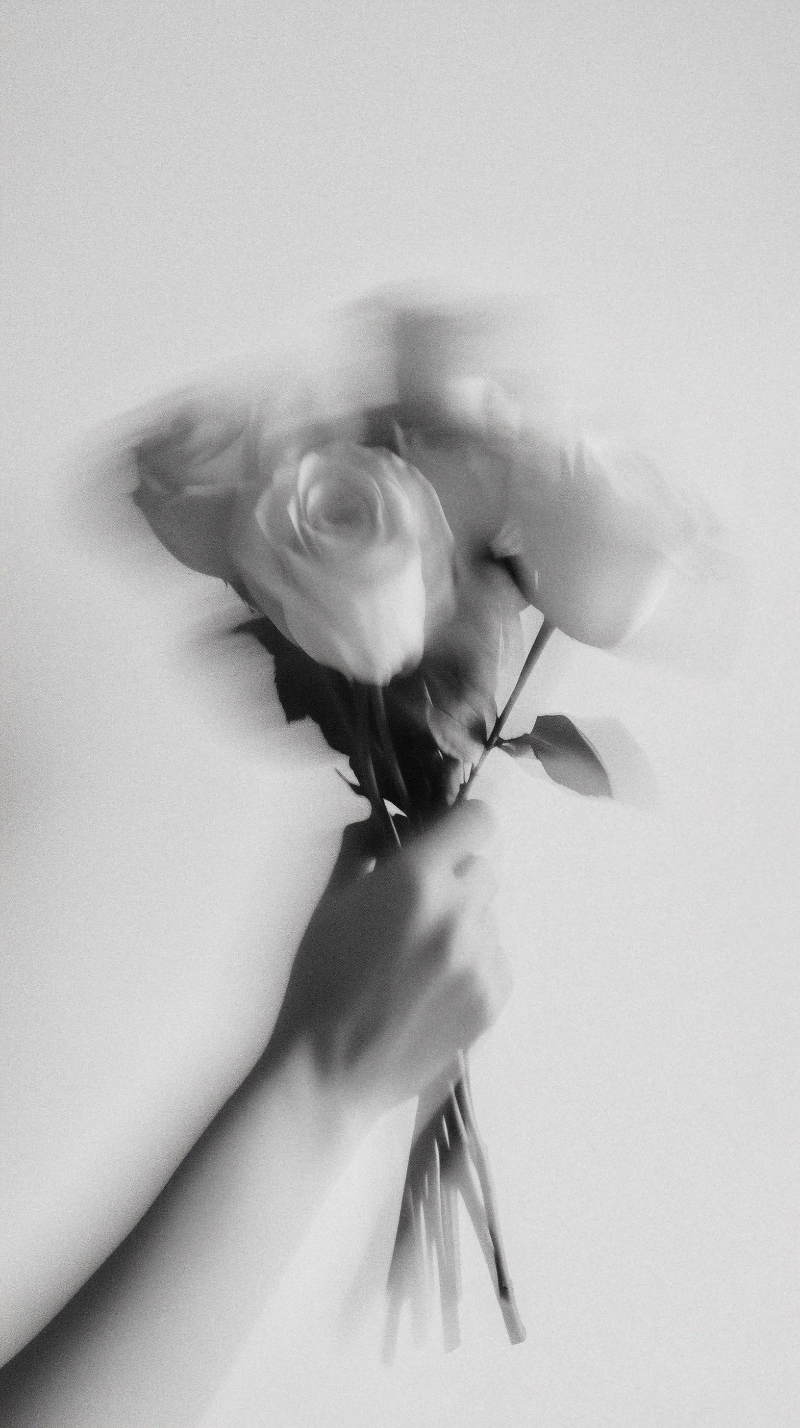 Fotografia em preto e branco de uma rosa murcha sobre uma superfície clara.