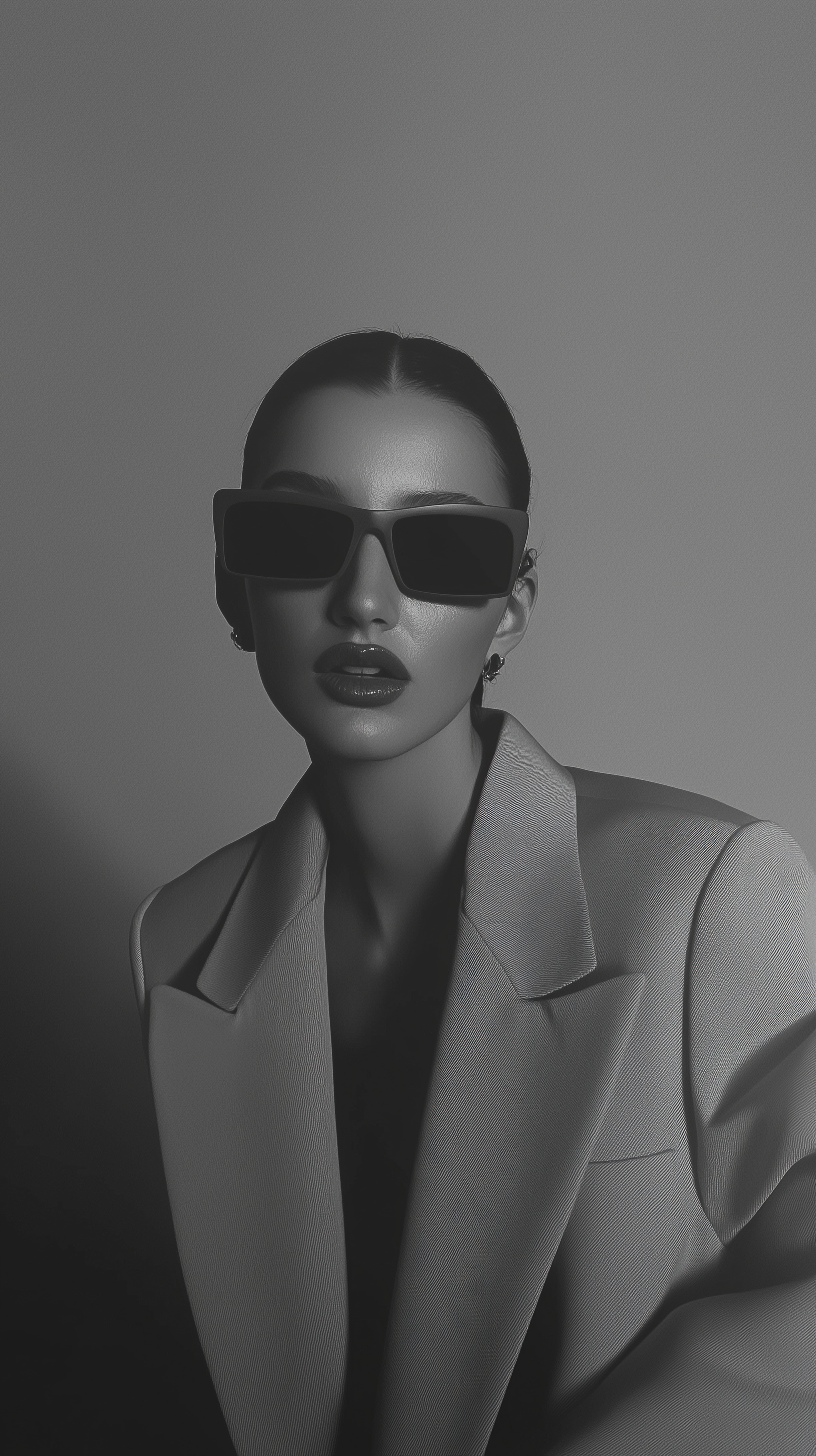 Retrato em preto e branco de uma mulher usando óculos escuros grandes e blazer elegante.