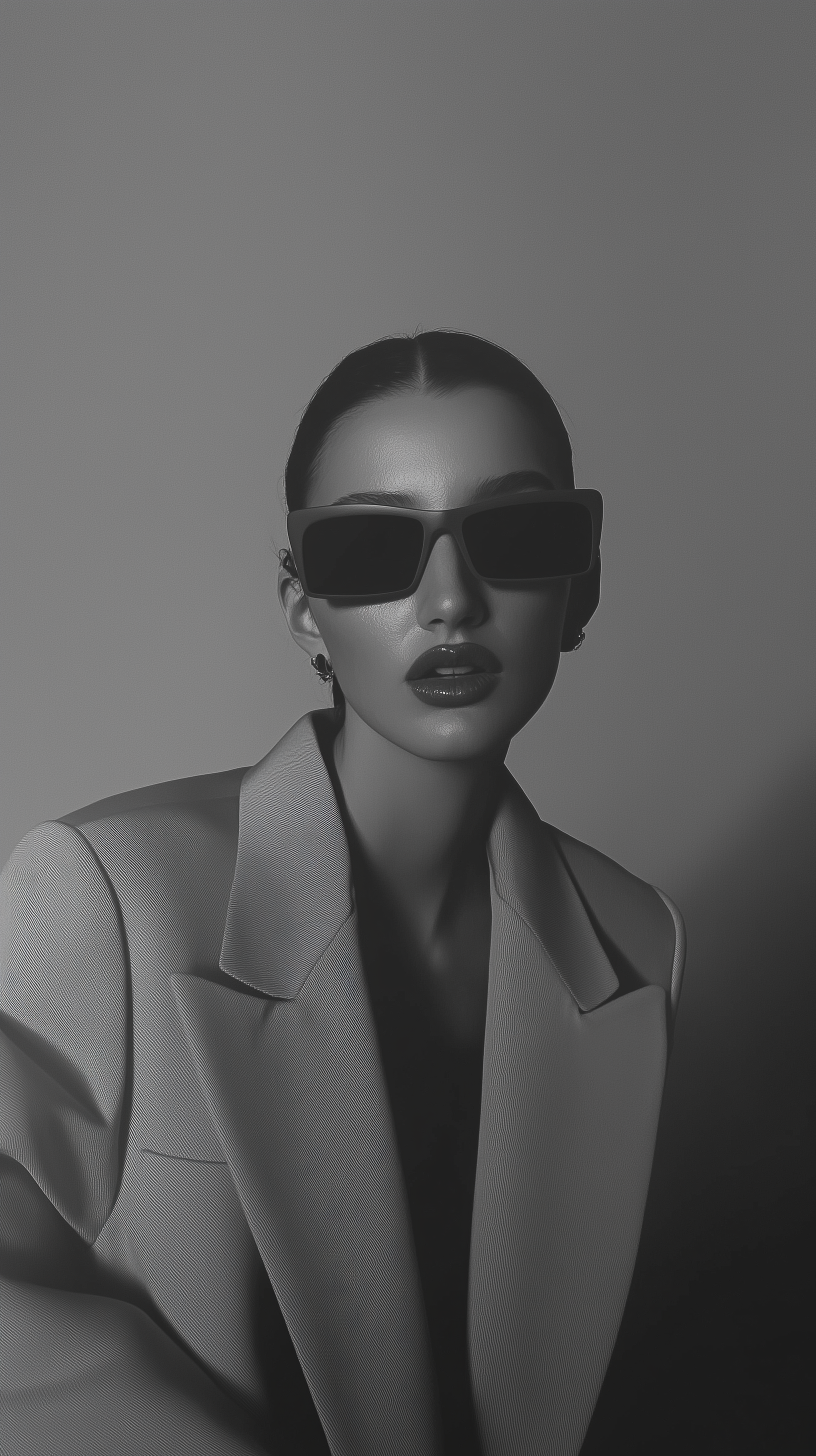 Retrato em preto e branco de uma mulher usando óculos de sol escuros e blazer.
