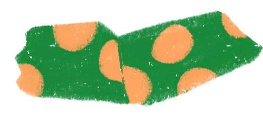 Green fabric with large, irregular orange spots.