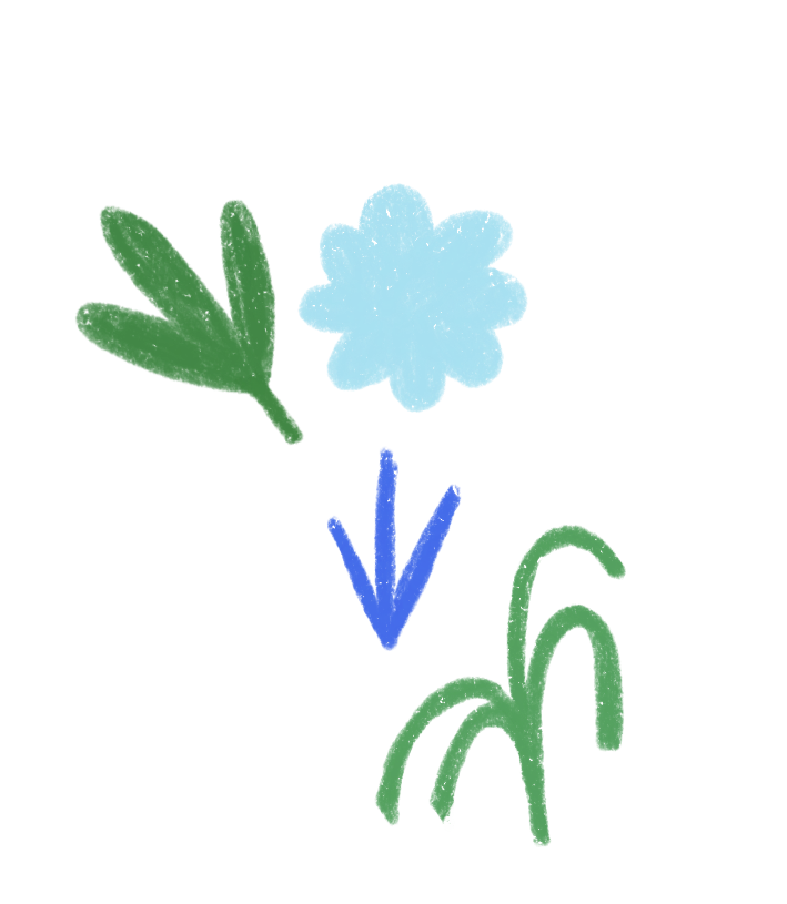 A stylized illustration of a flower with green leaves, a blue stem, and a light blue blossom.