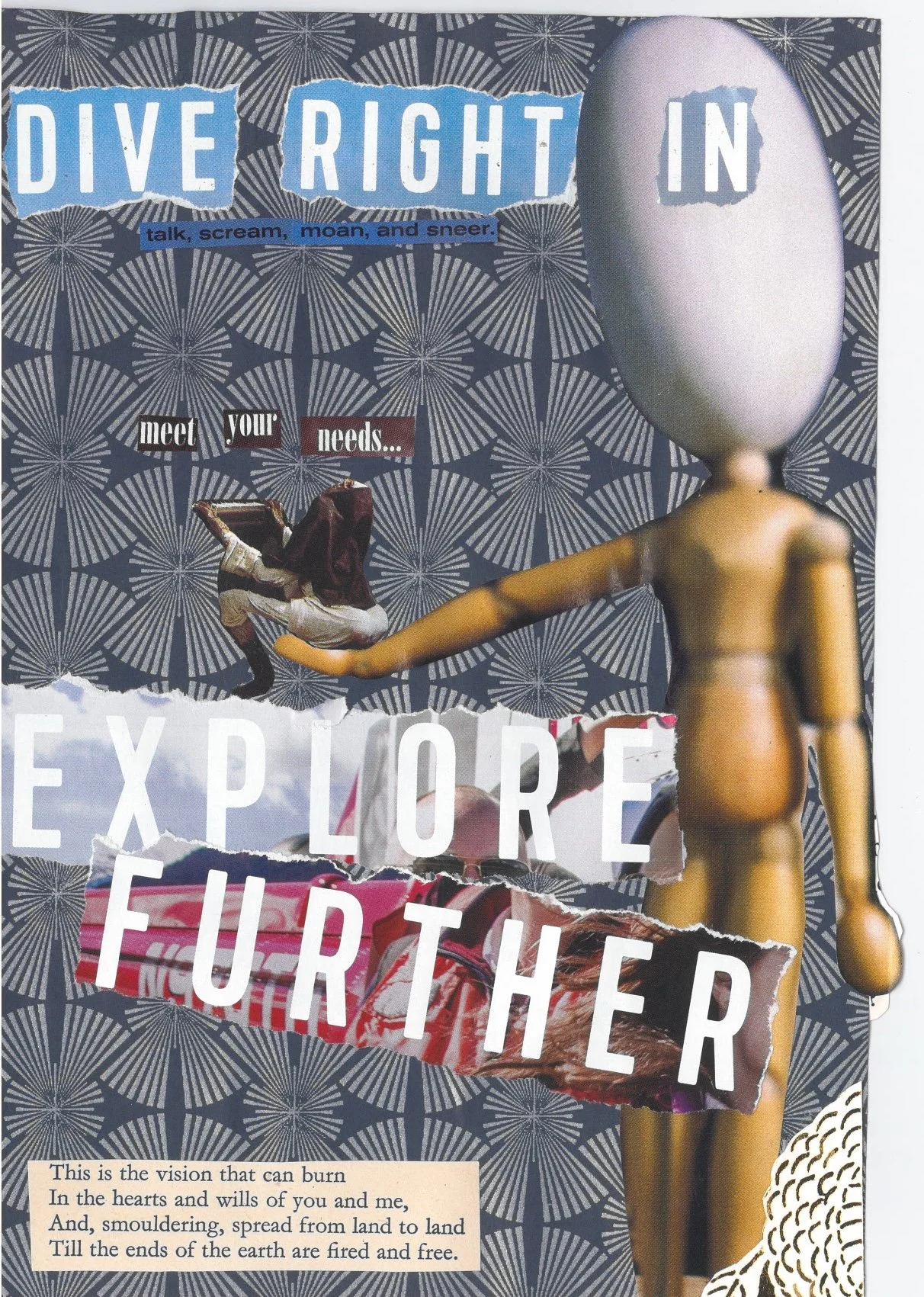 At the top of the page is the word “Facilitation”. In the top right corner, against a cork banner, cut-out words read “you demand ambition, commitment, and rational values. A perfect ass.” Beneath the title, in a black square, is a poem of cut-out wo