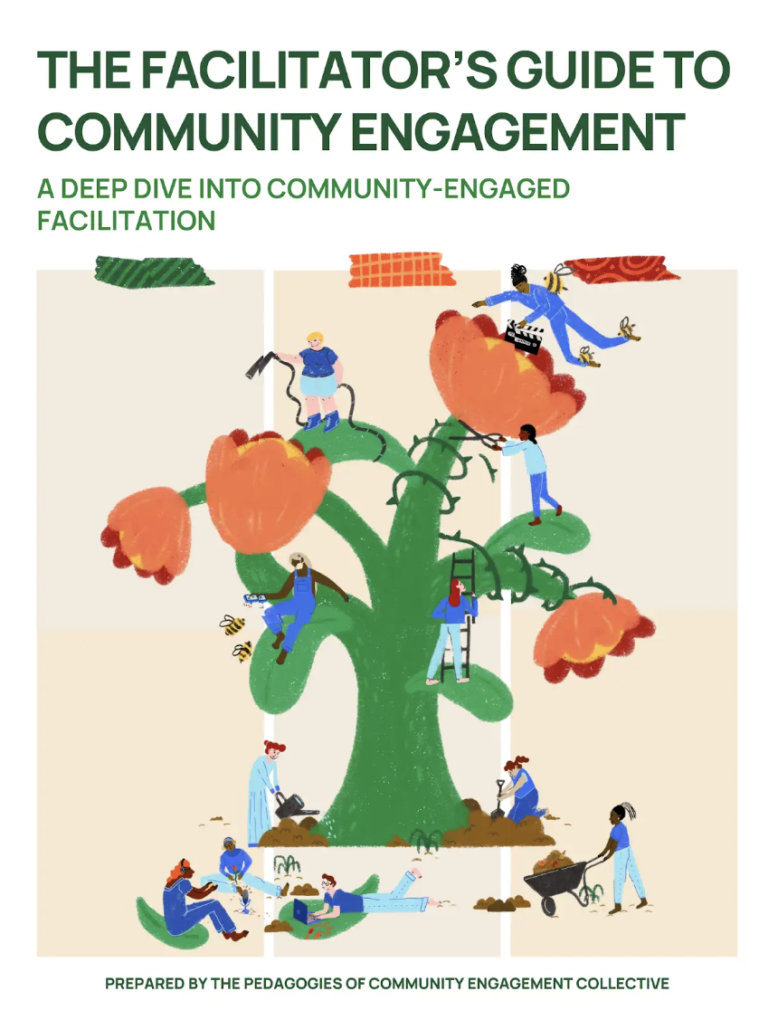 Cover page of a guide titled 'The Facilitator's Guide to Community Engagement,' showing a colorful illustration of people working on a large green tree with orange leaves, planting, watering, and caring for it.