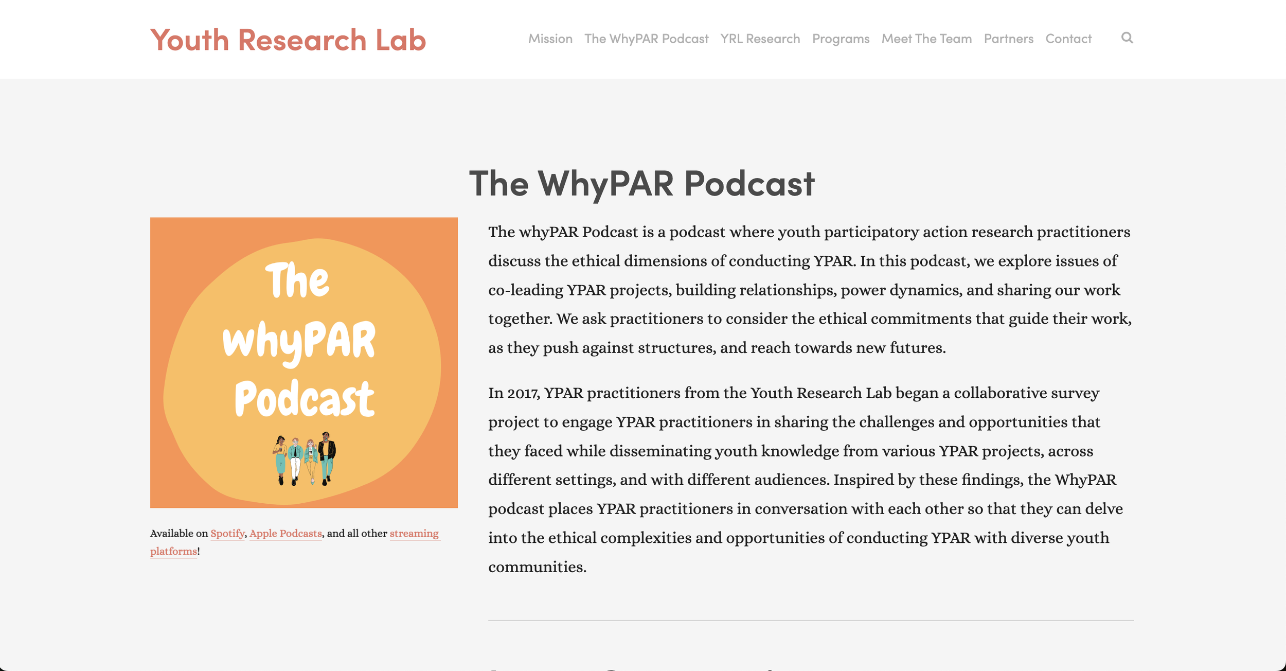 Webpage with the title 'Youth Research Lab' and a section titled 'The WhyPAR Podcast' featuring a colorful graphic with the podcast name and four illustrated youth figures, alongside descriptive text about the podcast and links to streaming platforms.
