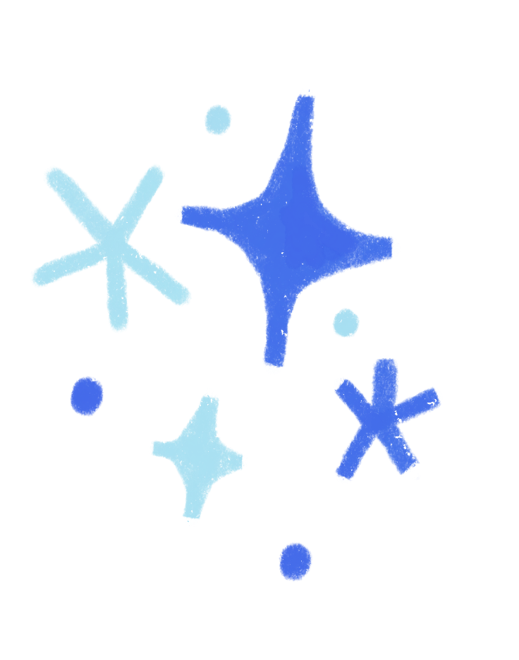 Various blue and light blue star-shaped objects with a glowing effect, arranged randomly.