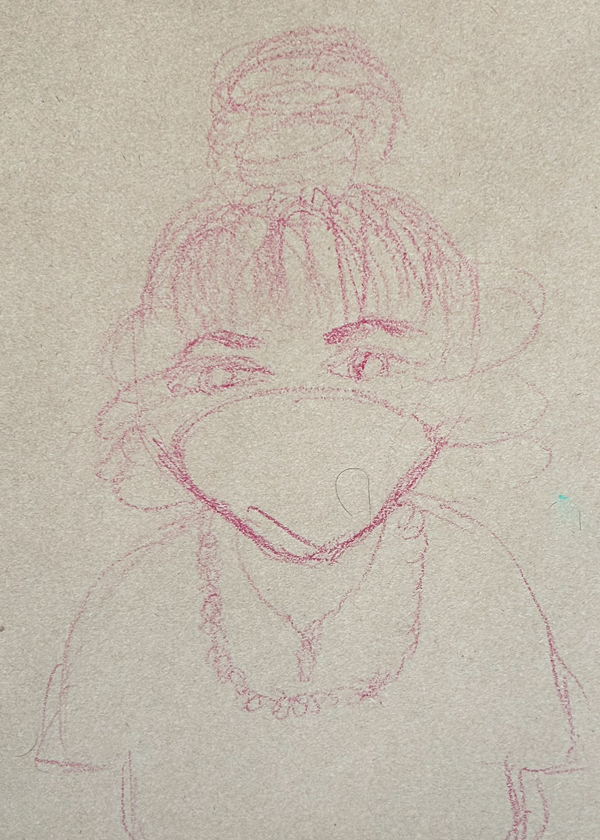 A rough pink pencil sketch of a person with hair tied up in a bun, wearing a necklace, with large eyes and an open mouth.
