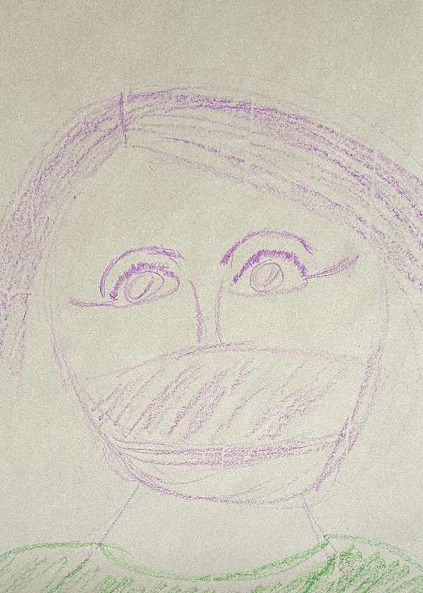 A child’s drawing of a face with large eyes, eyebrows, and a smiling mouth, with hair and a shirt.