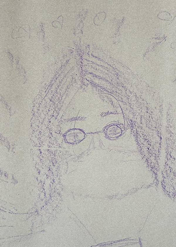 A child's crayon drawing of a person with glasses and long hair, with some hearts and shapes above the figure.