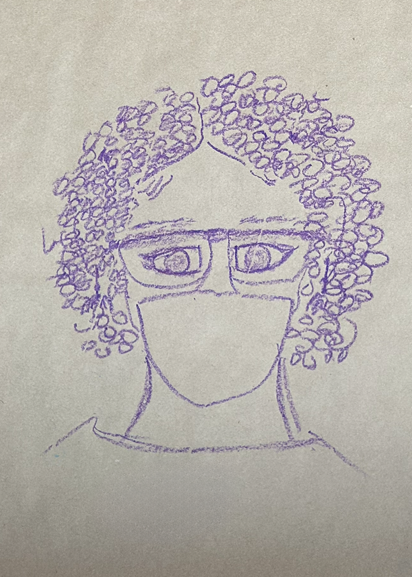 A hand-drawn portrait of a person with curly hair, glasses, and a face mask, using purple crayon on paper.