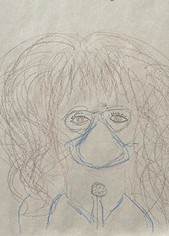 Child's crayon drawing of a person with curly hair, glasses, and a face mask.