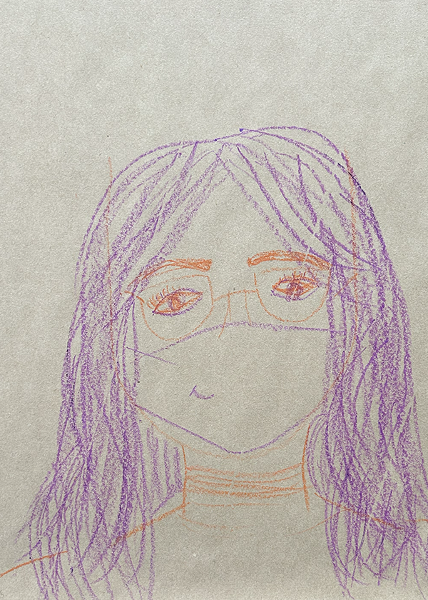 A child's drawing of a person with long hair, glasses, and a smile, created with purple and orange crayon on gray paper.