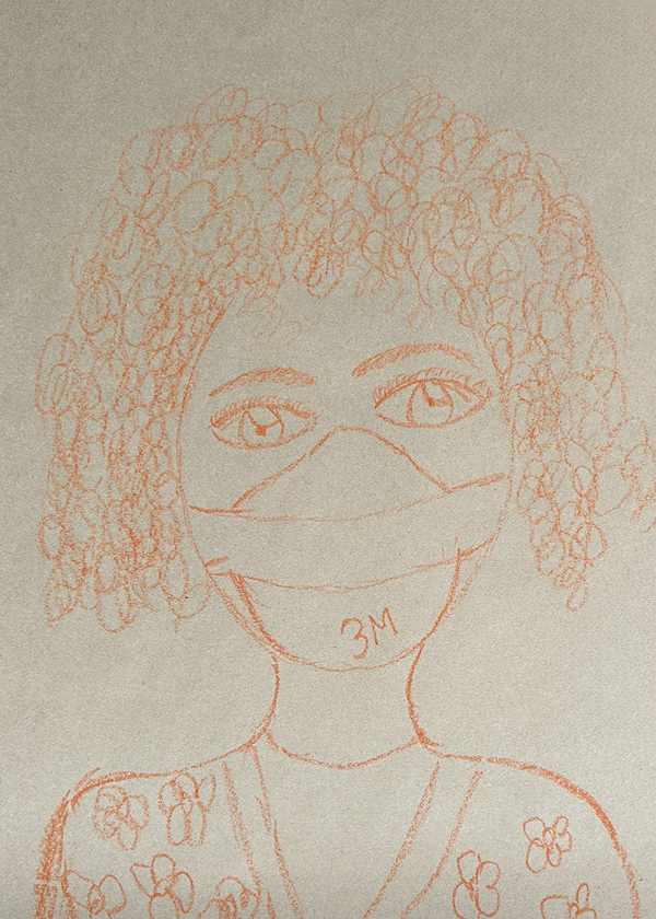 A sketch of a person with curly hair wearing a mask that says "3M." The person has visible eyebrows and eyes, and is wearing a floral-patterned top.