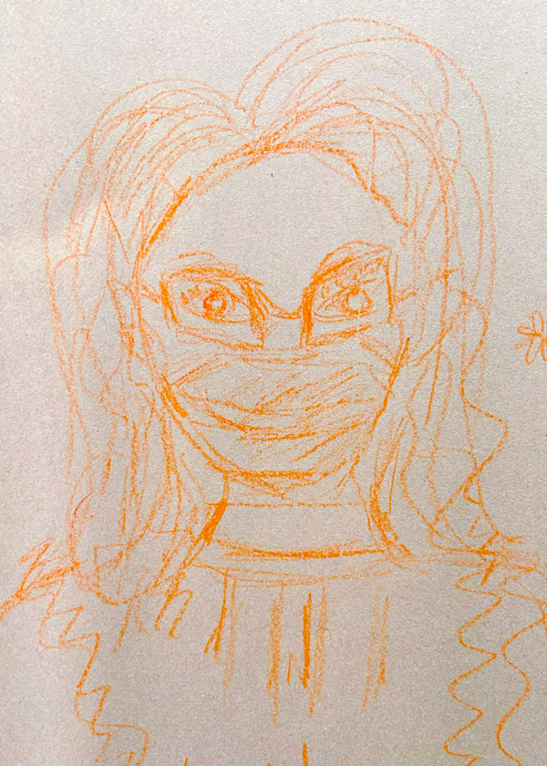 Sketch of a woman with long wavy hair wearing glasses and a face mask.