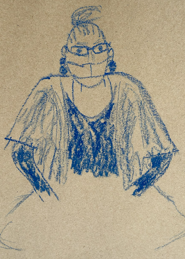 A blue crayon sketch of a person with glasses, short hair, and wearing a jacket over a shirt, seated at a table.