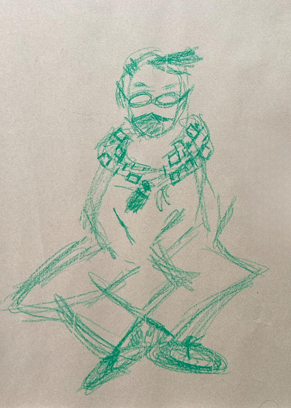 Sketch of a person wearing glasses, a face mask, and a studded jacket, sitting cross-legged with a book or notebook in front.