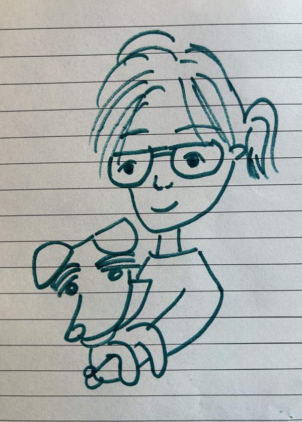 A hand-drawn illustration of a woman with glasses, holding a dog in her arms, on lined paper.