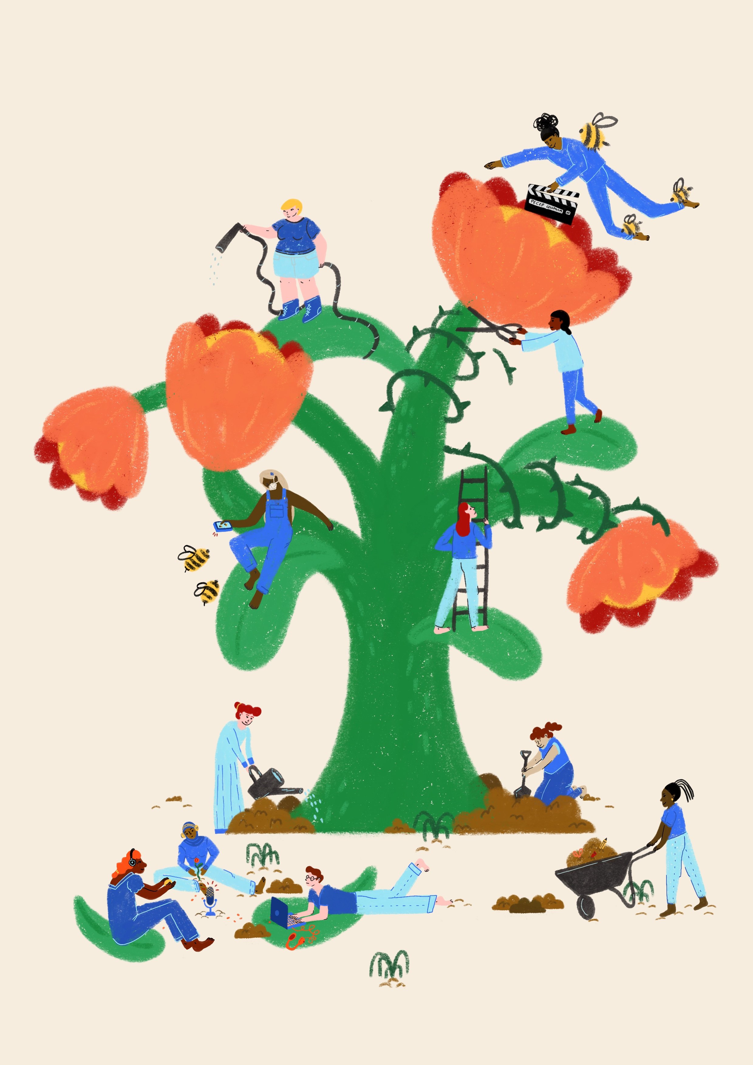 Illustration of people gardening and caring for a large flowering plant that resembles a tree, with individuals watering, pruning, planting, and taking photos.