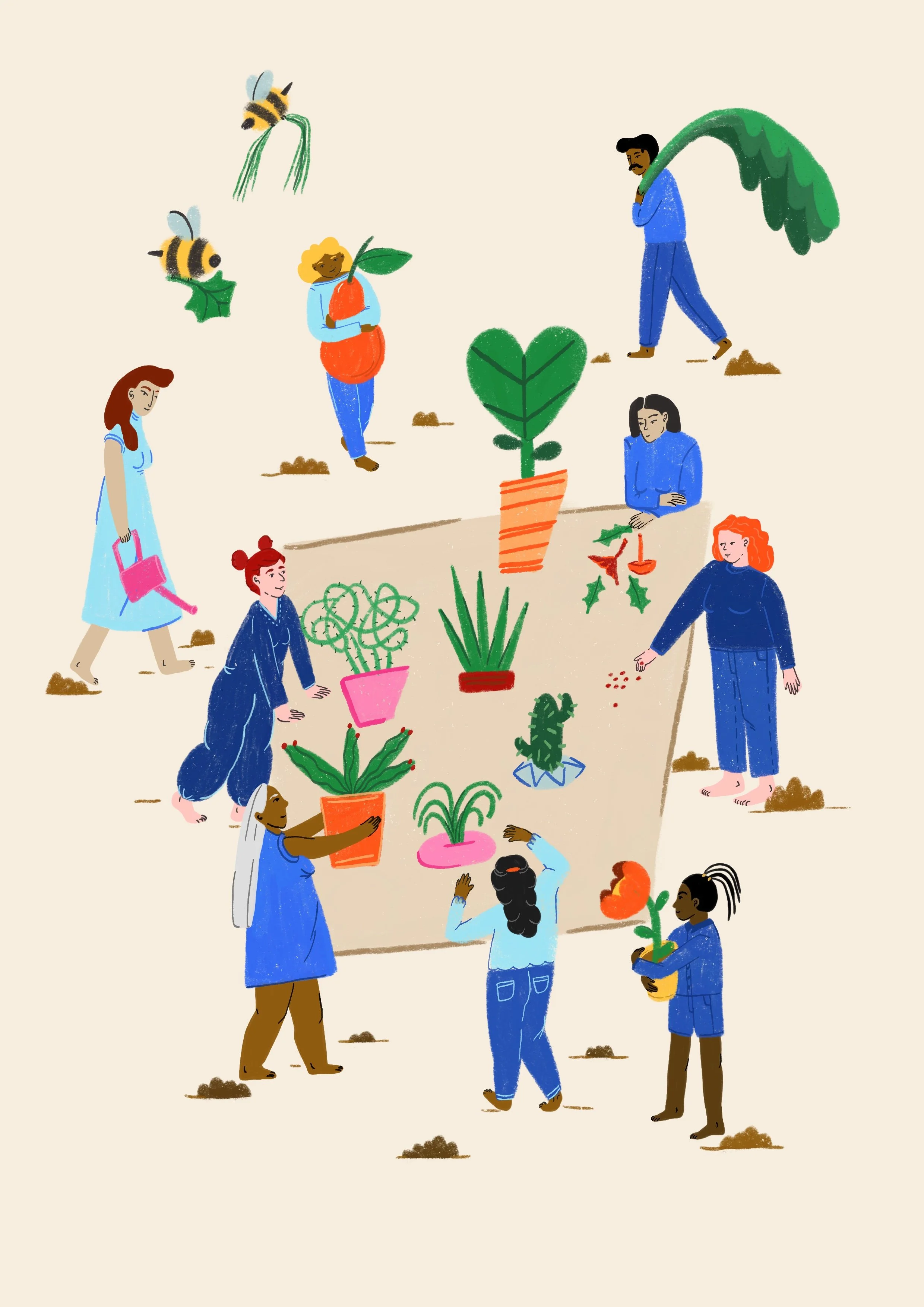 People planting and caring for various indoor and outdoor potted plants, with some watering, arranging, or examining the plants, in a gardening scene.