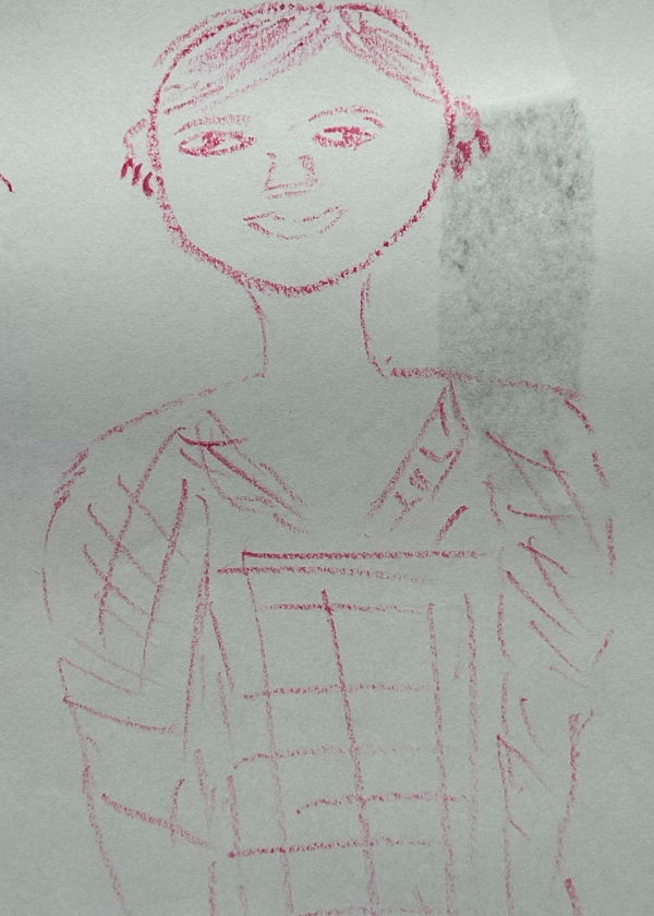 Drawing of a smiling person with short hair, wearing a checkered shirt, done in pink crayon.