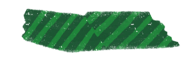 Outline of the state of Tennessee with green and dark green diagonal stripes.