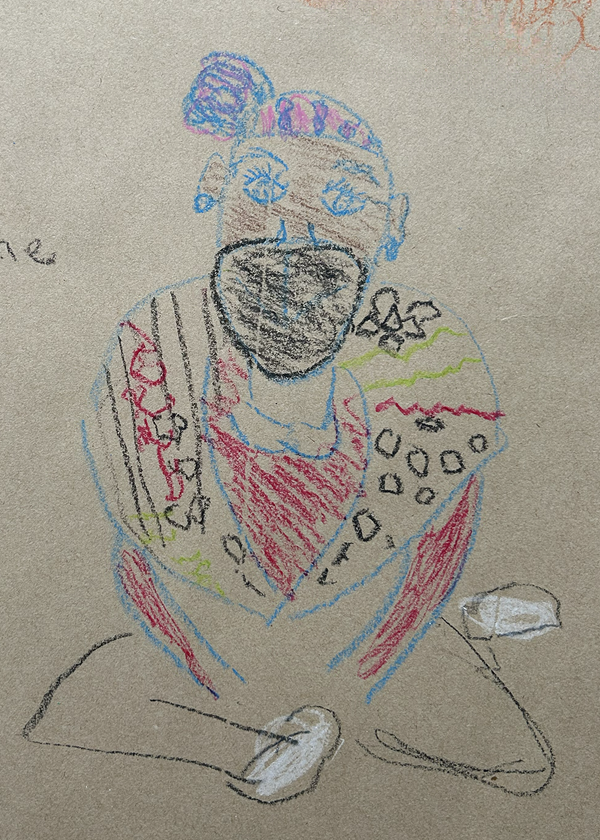 Colorful crayon drawing of a person with a bun, wearing a mask and a decorated shirt, sitting cross-legged.