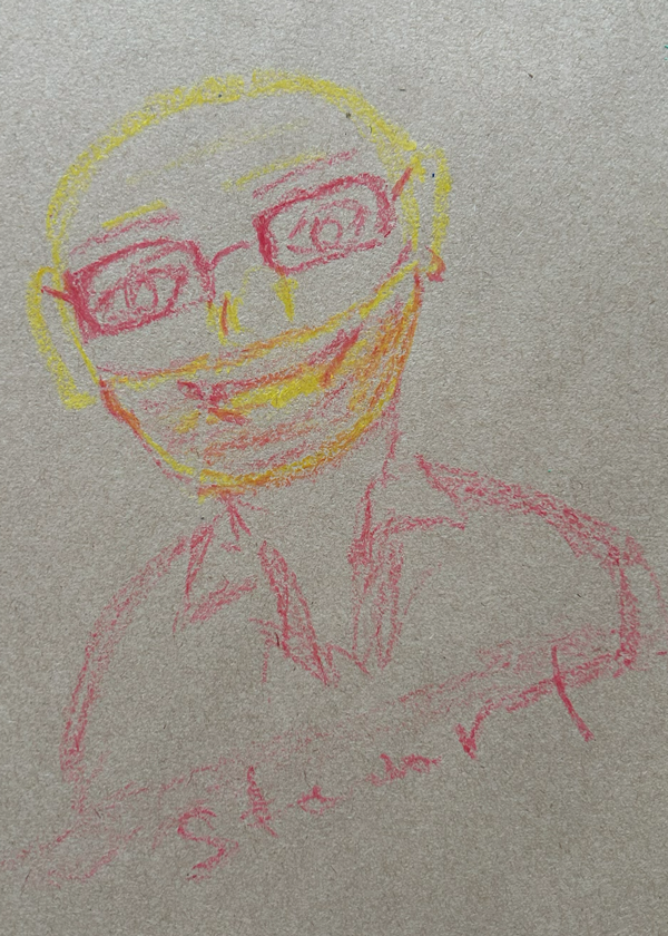 A childlike drawing of a person with glasses, smiling, and wearing a collared shirt, on textured paper.