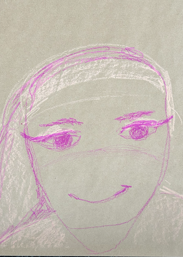 A child's chalk drawing on a textured gray surface depicting a smiling face with large eyes and long eyelashes, with hair and facial features outlined in purple and white chalk.