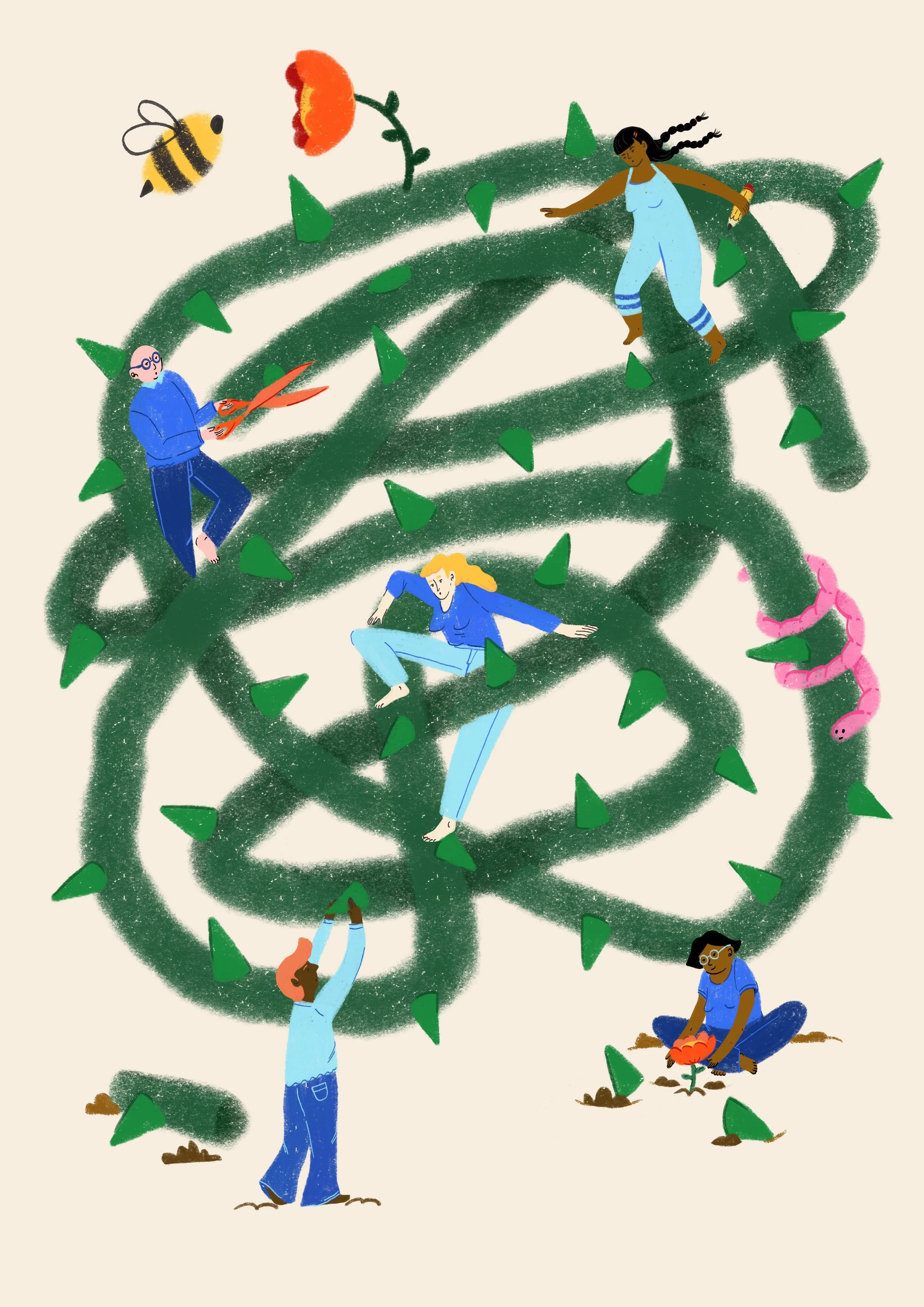 Illustration of people climbing, sitting, and gardening on a large green spiral structure with spikes, surrounded by bees, a caterpillar, a flower, and other plants.