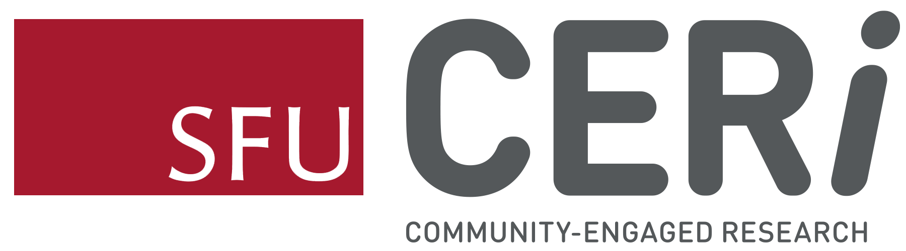 Logo for SFU CERi Community-Engaged Research with red square background and black and white text.