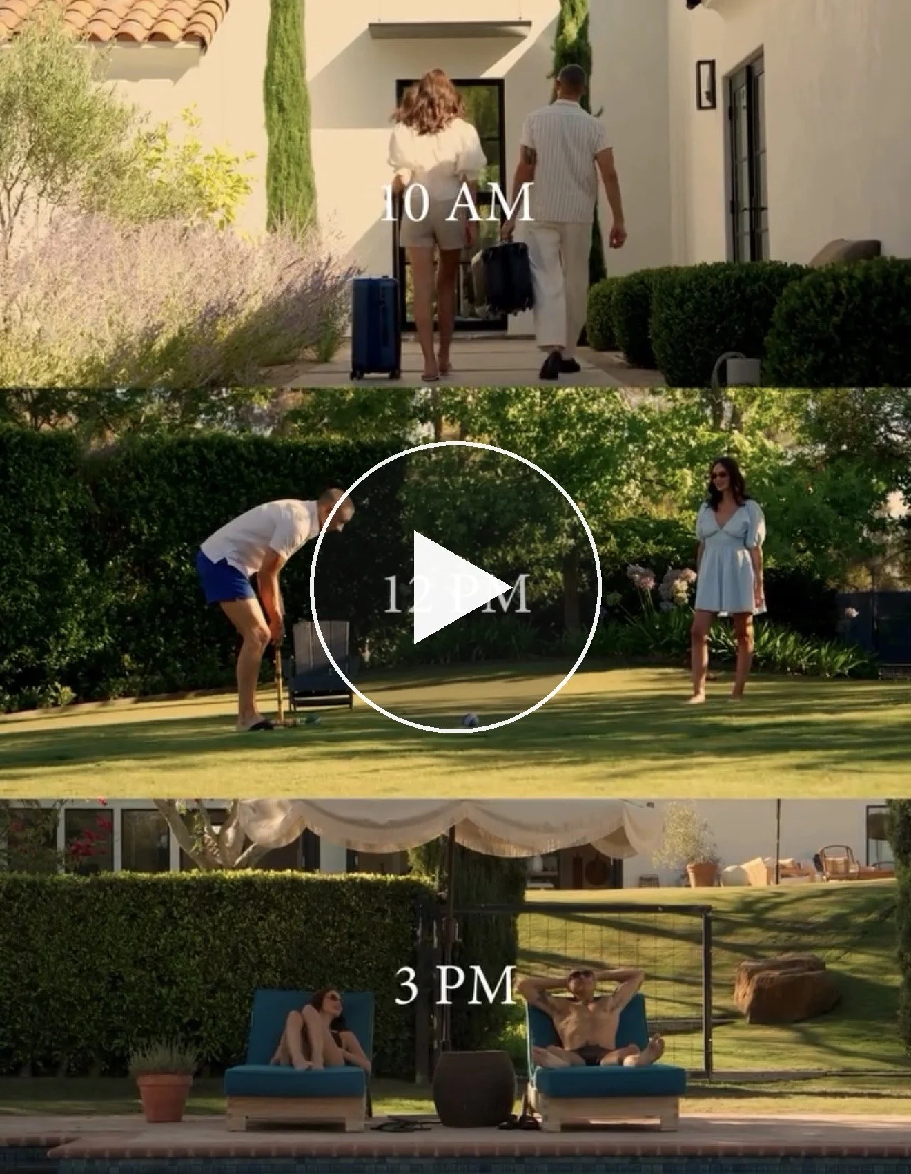 Sequence of images showing a person traveling and relaxing: First, a woman and man arrive at a house with luggage at 10 AM; second, a man plays golf while a woman stands nearby at 12 PM; third, two women relax by a poolside in the afternoon at 3 PM.