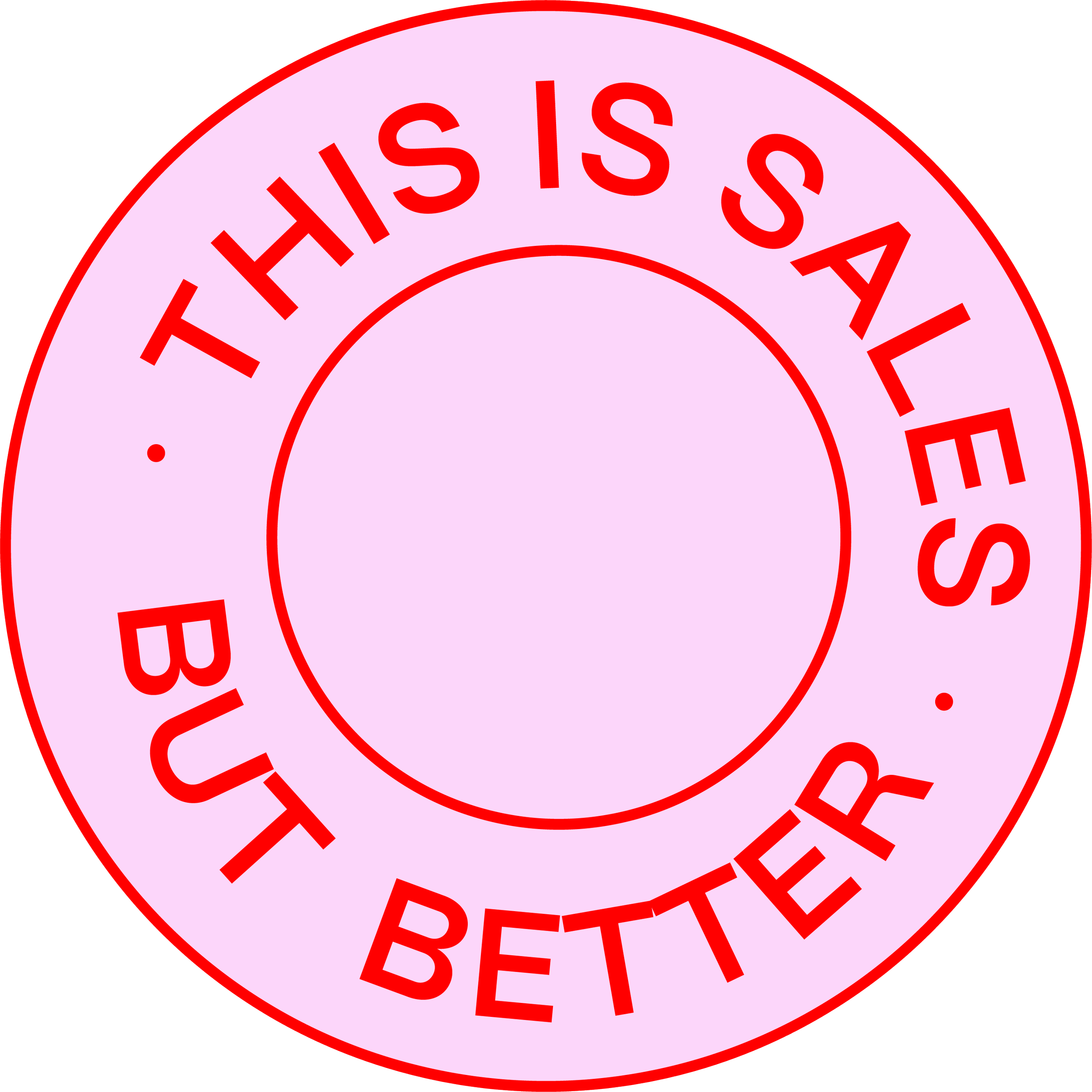 Close-up of a pink circular label with red text that reads 'THIS IS A WARNING. BE ALERT.'