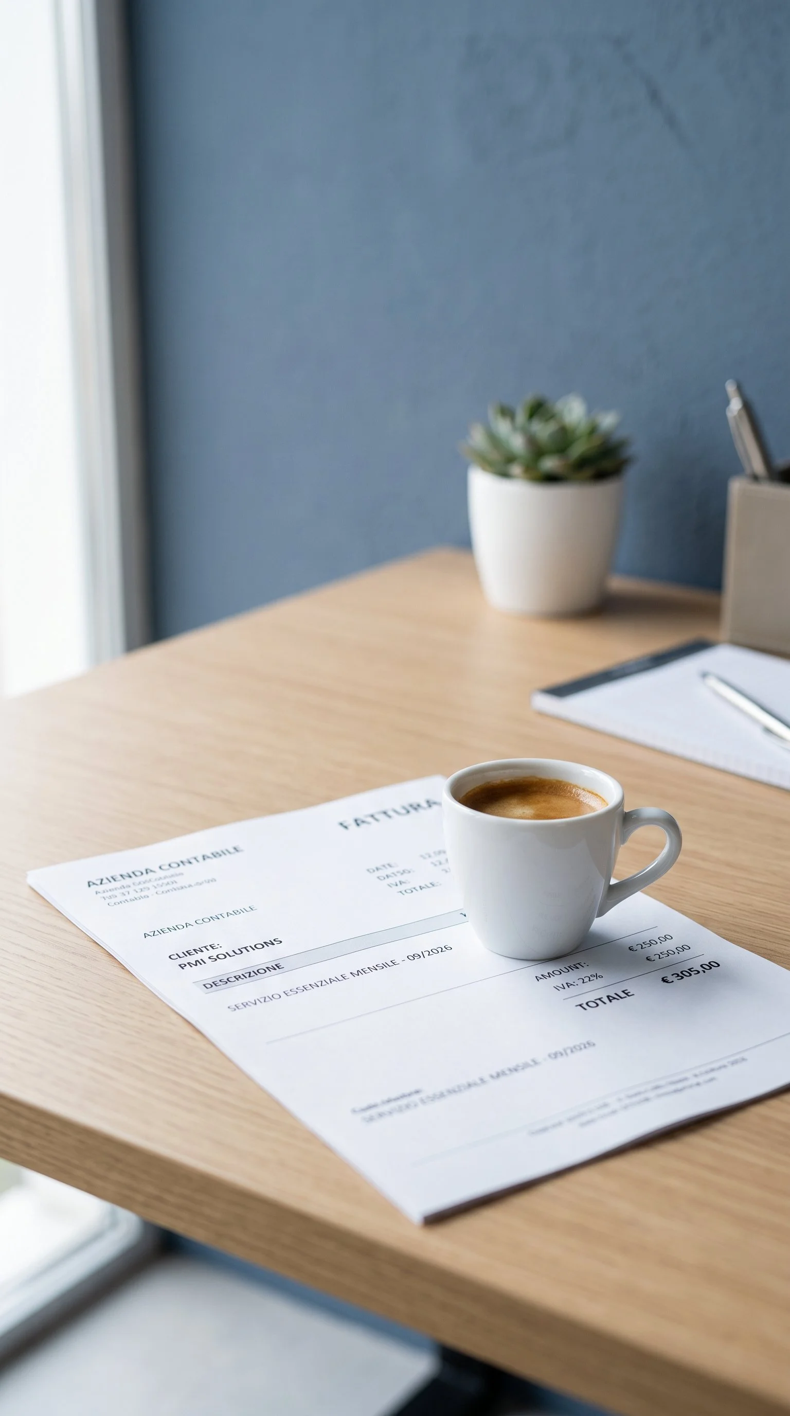 Una tazza di caffè su un tavolo con delle fatture e una pianta sullo sfondo.