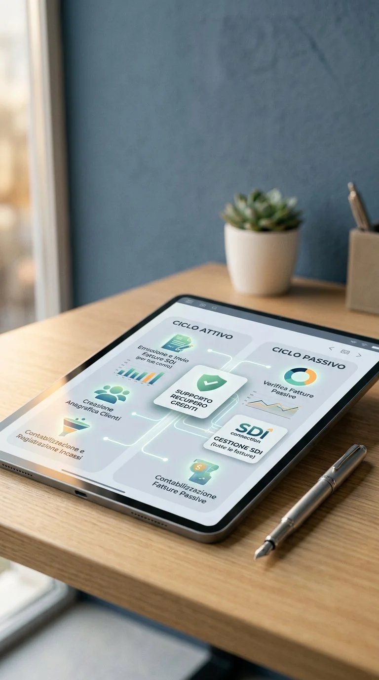 Schermo di tablet con applicazione di gestione contabile, alternando cicli attivi e passivi, su scrivania di legno con penna, in un ambiente interno con pianta in vaso e finestra.