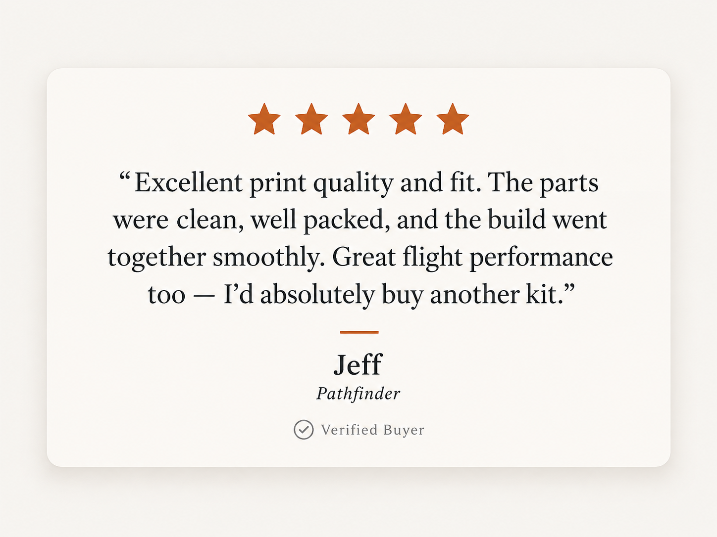 Five-star rating, customer review, quote about printing quality and fit, signed by Jeff, Pathfinder, verified buyer icon.