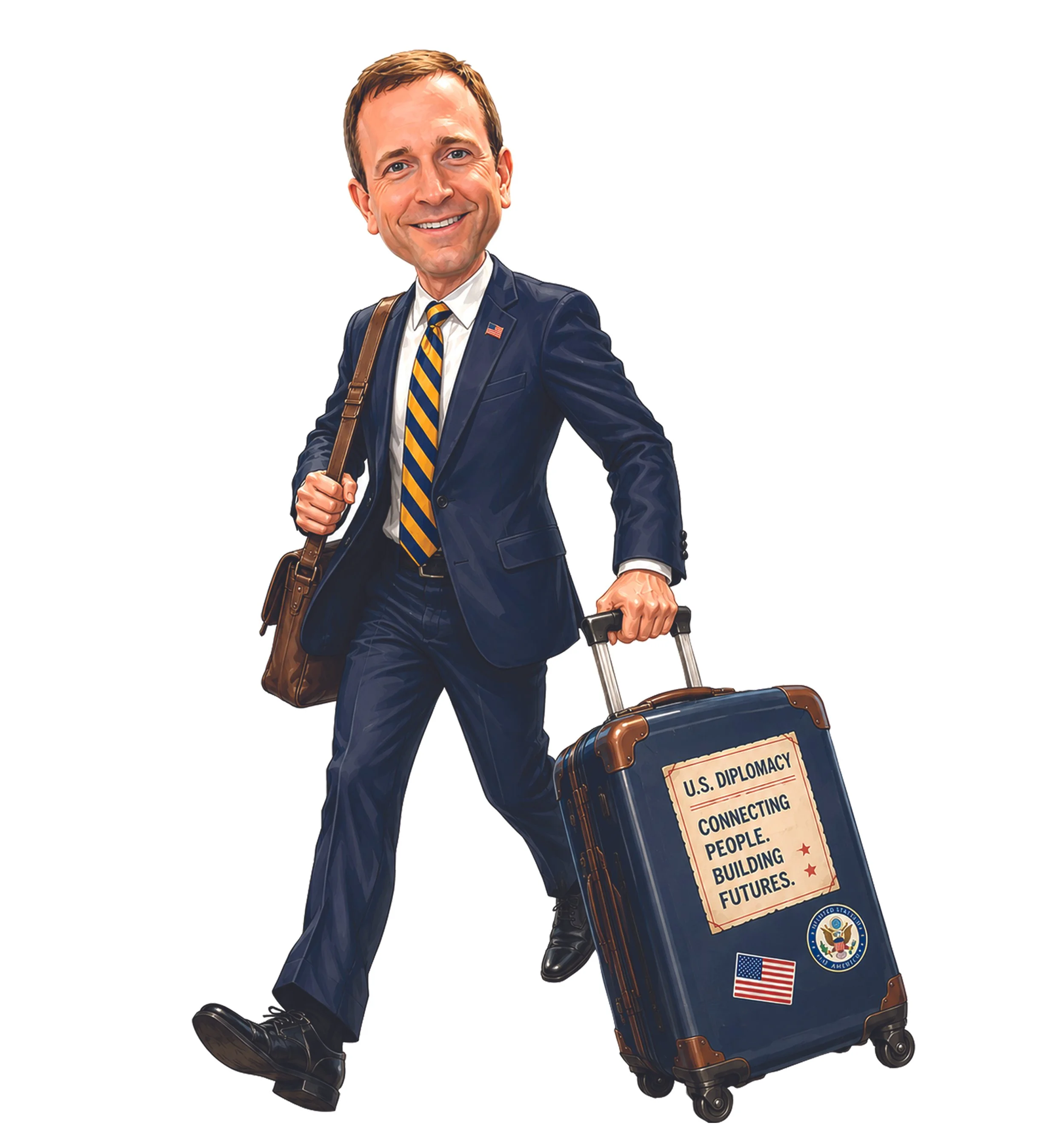 A man in a suit with an American flag lapel pin, walking while pulling a rolling suitcase. The suitcase has a U.S. diplomacy poster listing goals such as connecting, pulling, building, and futures, and features an American flag and a U.S. seal.