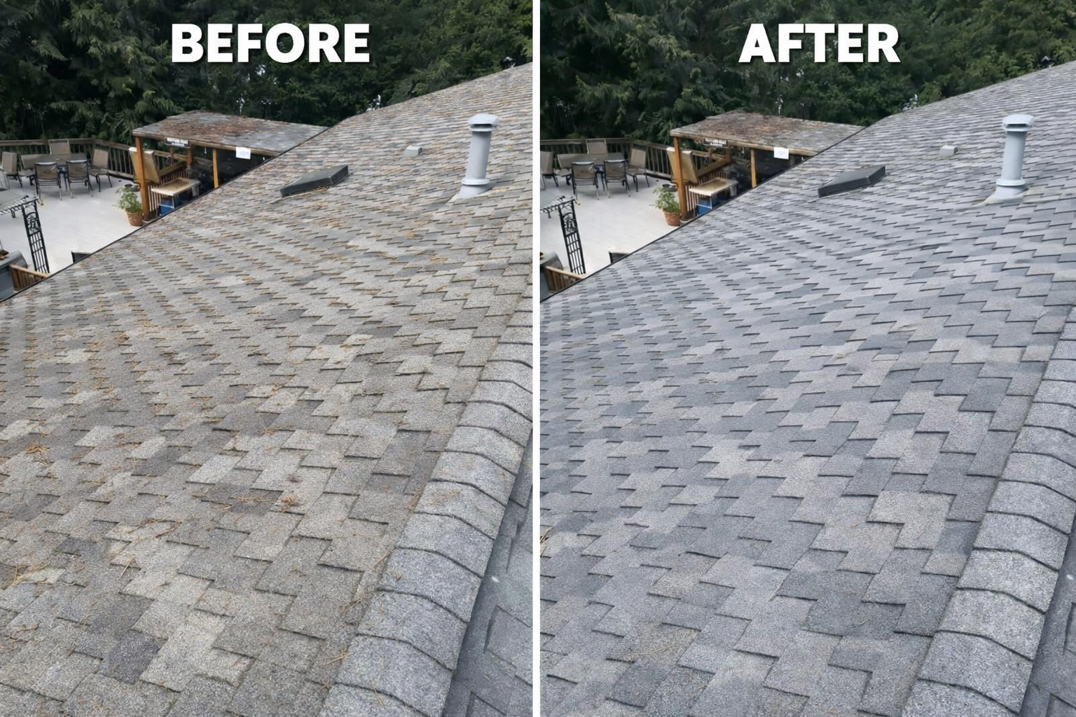 Side-by-side comparison of a roof before and after cleaning. The left side shows a roof with dirt, moss, and debris, while the right side shows a clean, newer-looking roof with evenly colored shingles.