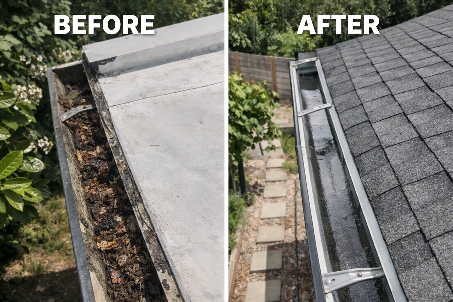 Comparison of a roof gutter before and after cleaning: left shows a clogged and dirty gutter with debris; right shows a clean, free of debris, functioning gutter.
