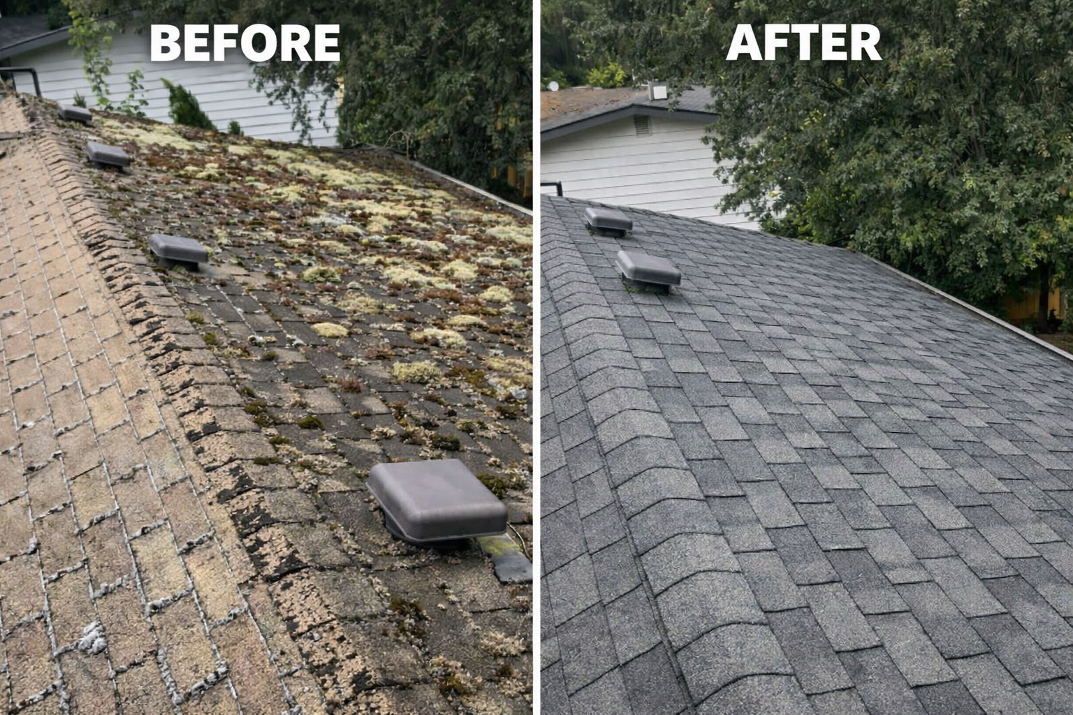 Comparison of a roof before and after cleaning and repairs, showing moss and debris removal, with new shingles installed on the cleaned roof.