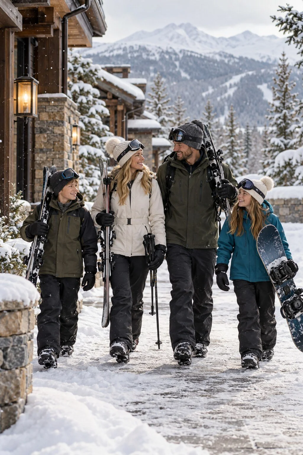 Family arriving at a Breckenridge mountain home with skis and a snowboard.