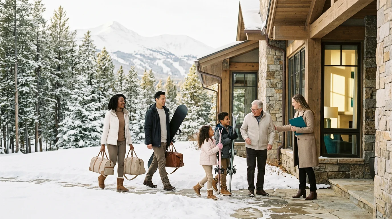 A diverse multigenerational family arrives with ski and snowboard gear at a snowy Breckenridge mountain home and is welcomed by an APRÈS concierge.