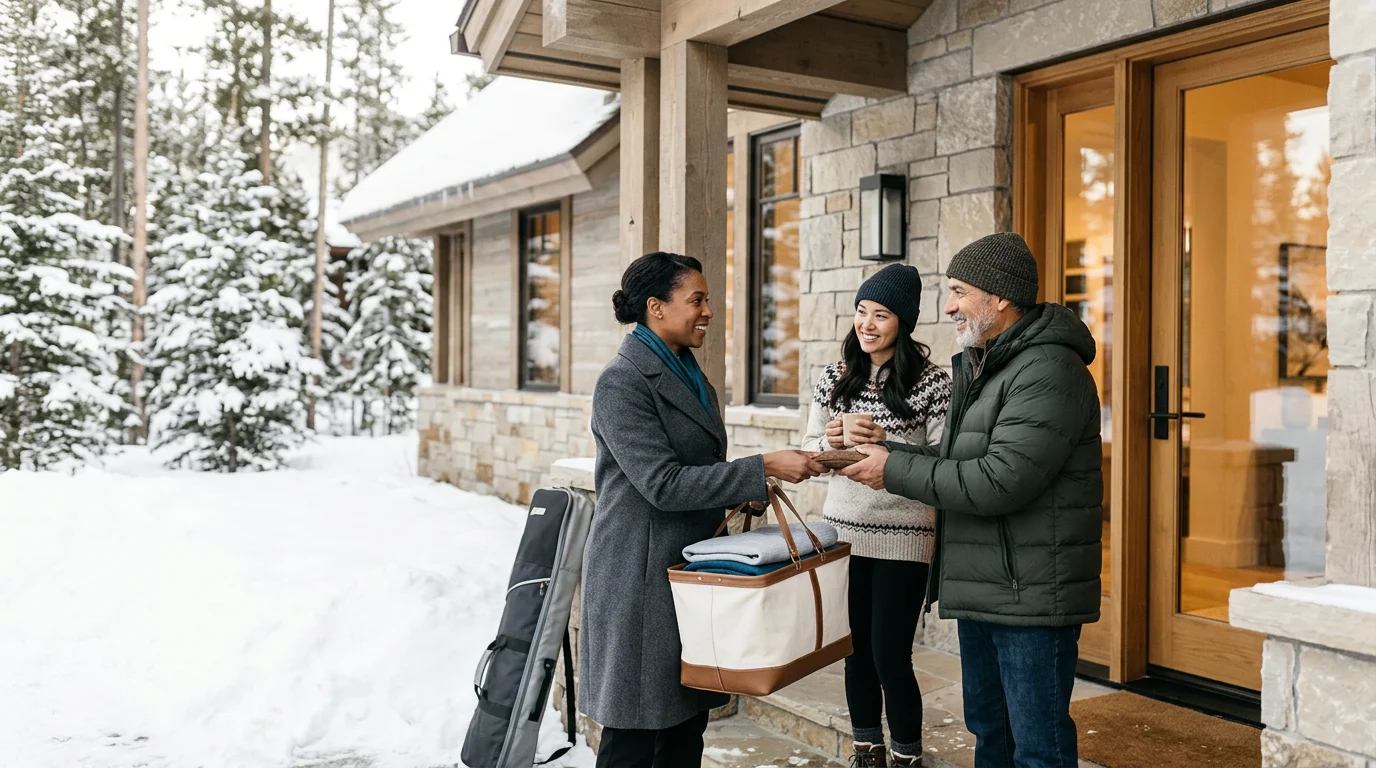 An APRÈS concierge delivers freshly cared-for garments and ski gear to guests at a snowy Breckenridge mountain home.